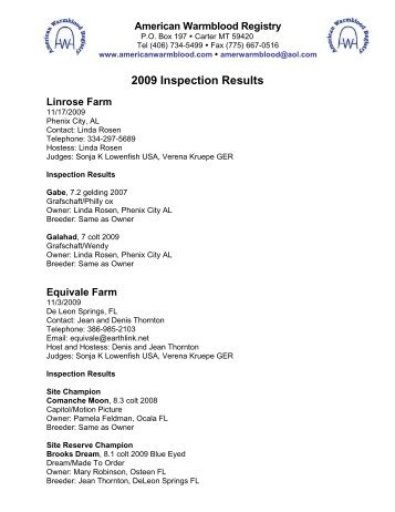 2009 Inspection Results - American Warmblood Registry