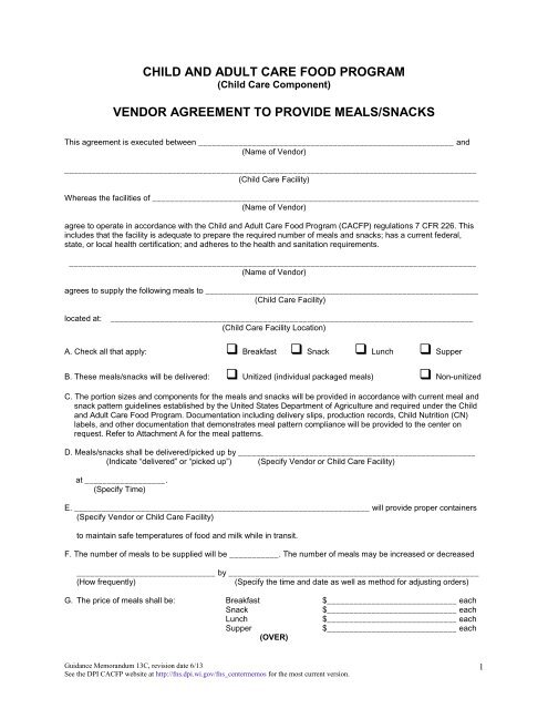 Vendor Agreement to Provide Meals/Snacks - WI Child Nutrition ...