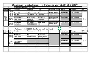 Dienstplan Handballturnier TV Petterweil vom 02.06.-05.06.2011