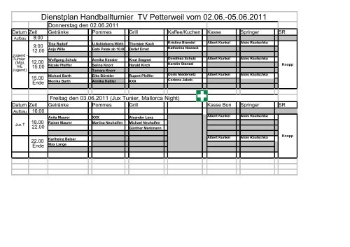 Dienstplan Handballturnier TV Petterweil vom 02.06.-05.06.2011