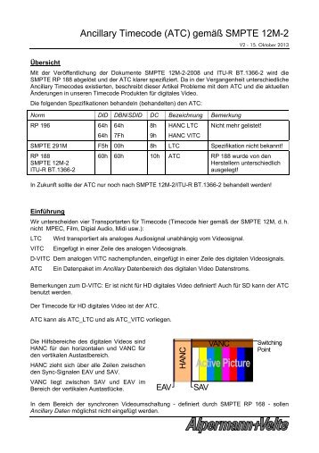 Ancillary Timecode (ATC) gemäß SMPTE 12M-2 - Alpermann+Velte