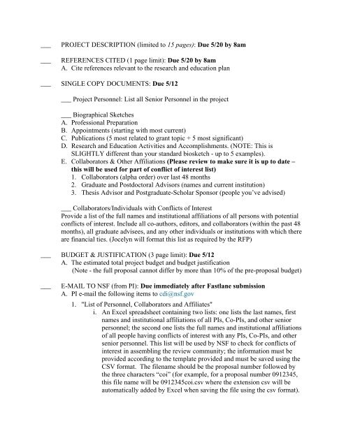 Checklist for NSF CDI Proposal (NSF 08-604) Important Due Dates ...