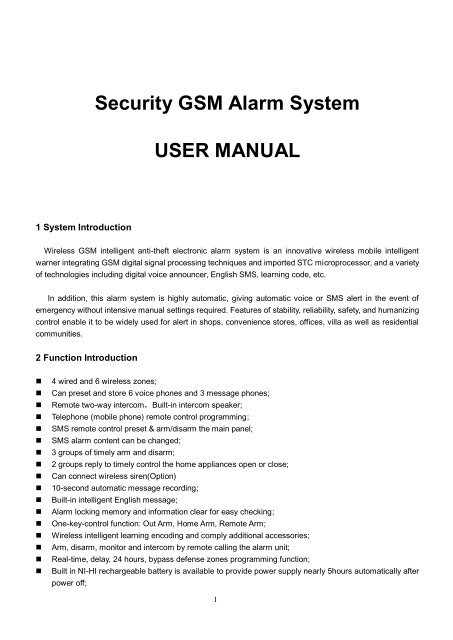 Security Gsm Alarm System User Manual