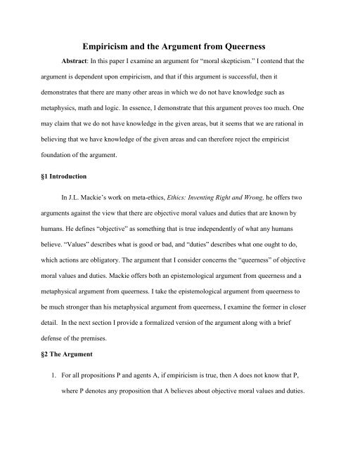 Read Chad S Paper Empiricism And The Argument From Queerness
