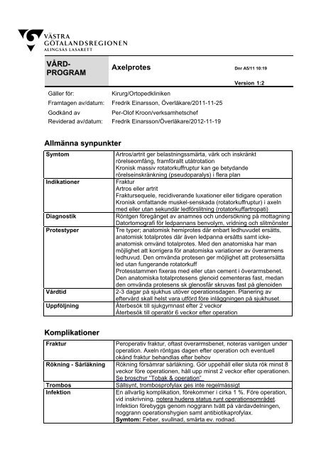 Lokalt vårdprogram för axelprotes