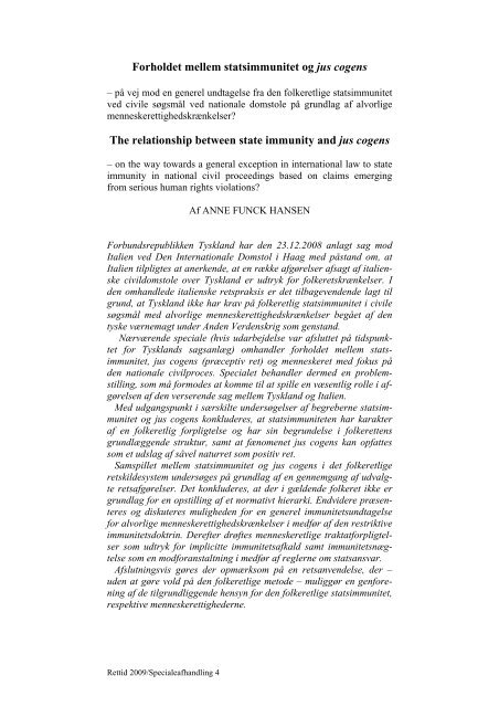 Forholdet mellem statsimmunitet og jus cogens The ... - Juridisk Institut