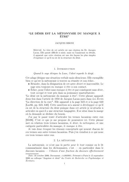 Le Desir Est La Metonymie Du Manque A Etre 1