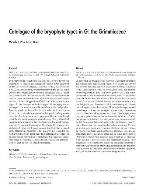Catalogue of the bryophyte types in G: the ... - Ville de Genève