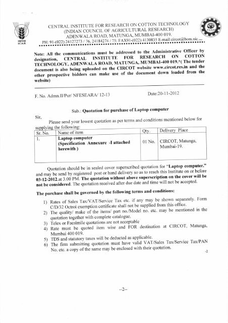 Quotation for purchase of laptop computer, Last date:03-12-2012 