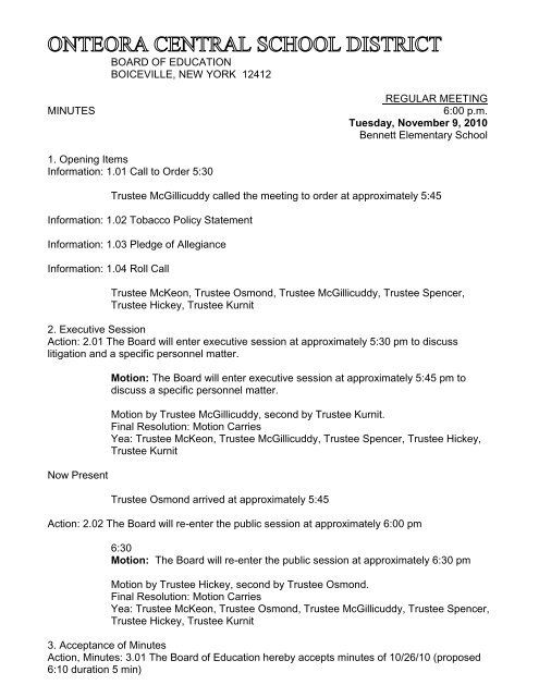 11/9/10 Regular Meeting Minutes - Onteora Central School District