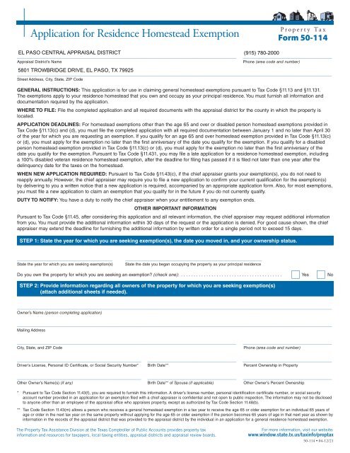 Homestead Exemption Form - El Paso Central Appraisal District