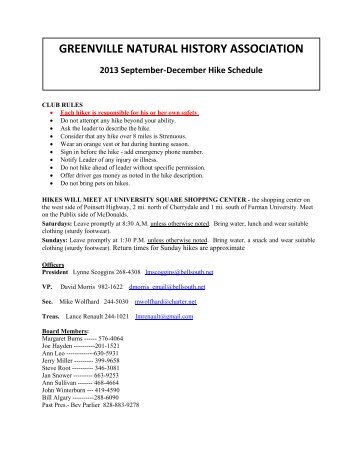 the September-December 2013 Hike Schedule - Greenville Natural ...