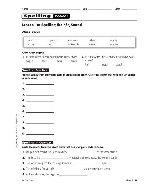 Lesson 10: Spelling the \ô\ Sound