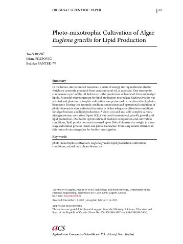 Photo-mixotrophic Cultivation of Algae Euglena gracilis for Lipid ...