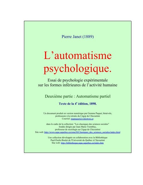 L'automatisme psychologique Partie 2 Pierre Janet ... - Psychaanalyse