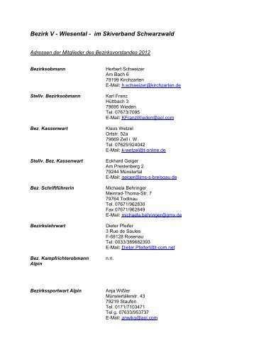 Adressliste des aktuellen Vorstands - Skiverband Schwarzwald