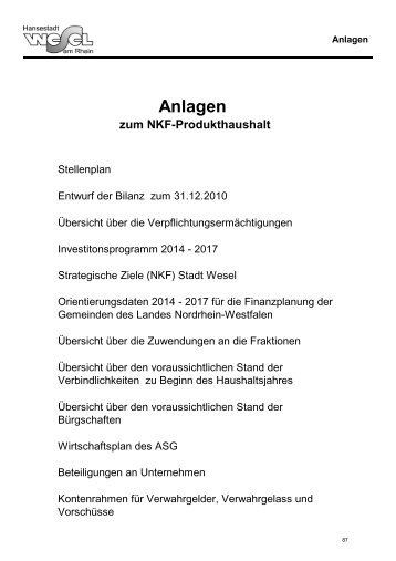 Haushalt Entwurf 2014 - Band 1, Seiten 87 - 297 Anlagen - Wesel