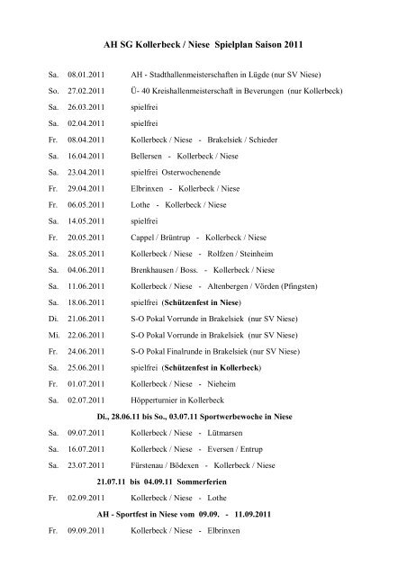 AH SG Kollerbeck / Niese Spielplan Saison 2011