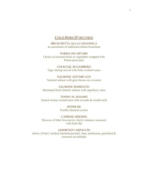 our Catering Menu - Sotto Sotto