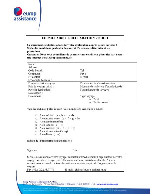 Formulaire de déclaration NoGo - Europ Assistance