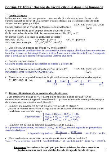 Corrigé TP 10bis : Dosage de l'acide citrique dans une limonade