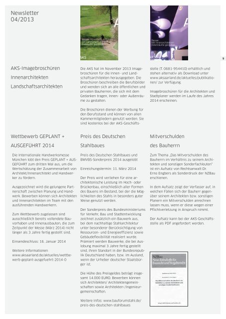 aks newsletter 2013-04.indd - Architektenkammer des Saarlandes