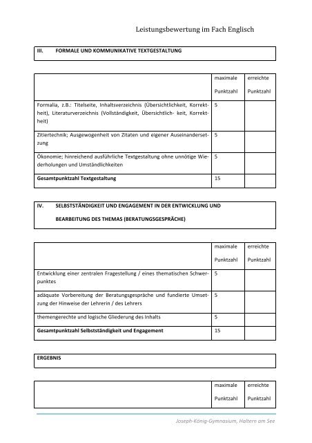 Leistungsbewertung im Fach Englisch - Joseph-König-Gymnasium