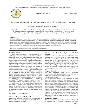 In vitro Anthelmintic Activity of Aerial Parts of Aerva lanata Linn Juss