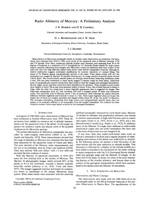 Radar Altimetry of Mercury: A Preliminary Analysis - Brown ...