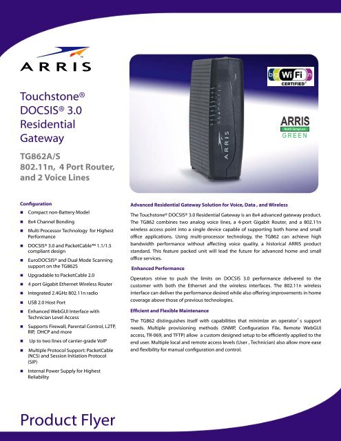 TG862A/S - 802.11n, 4 Port Router, and 2 Voice Lines - Arris