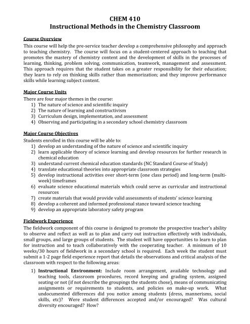 CHEM 410 Instructional Methods in the Chemistry Classroom