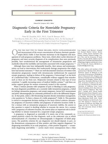 Diagnostic Criteria for Nonviable Pregnancy Early in the First Trimester