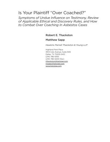 Is Your Plaintiff “Over Coached?” - Hawkins Parnell Thackston ...