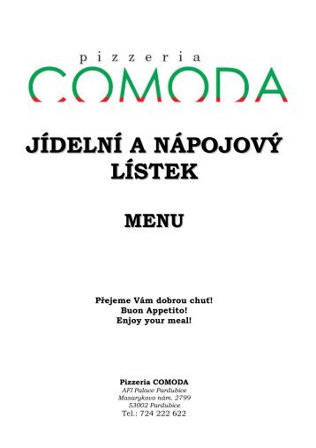 jídelní a nápojový lístek - Pizzeria COMODA AFI Palace Pardubice