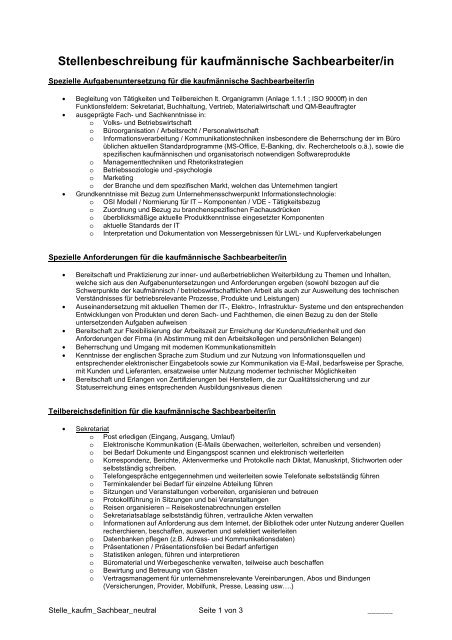 Stellenbeschreibung für kaufmännische Sachbearbeiter/in
