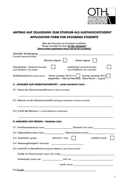 antrag auf zulassung zum studium als ... - OTH Regensburg