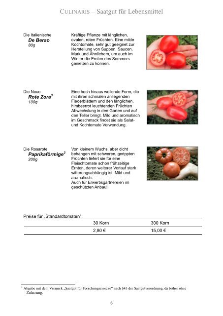 CULINARIS Saatgut für Lebensmittel Sortiment 2013