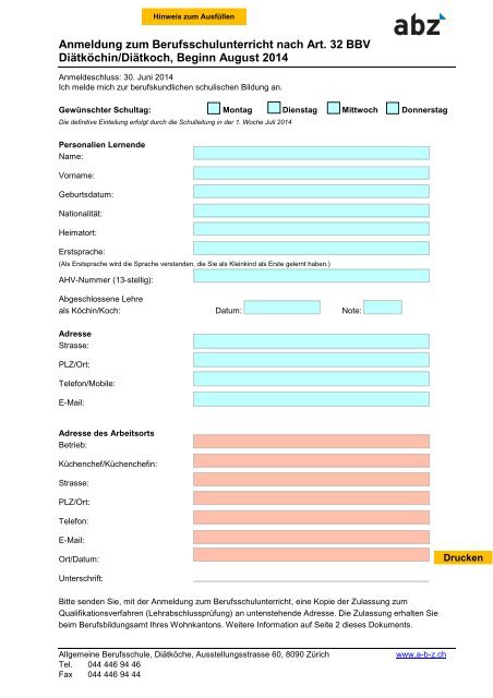 Anmeldung Art. 32 - Allgemeine Berufsschule Zürich