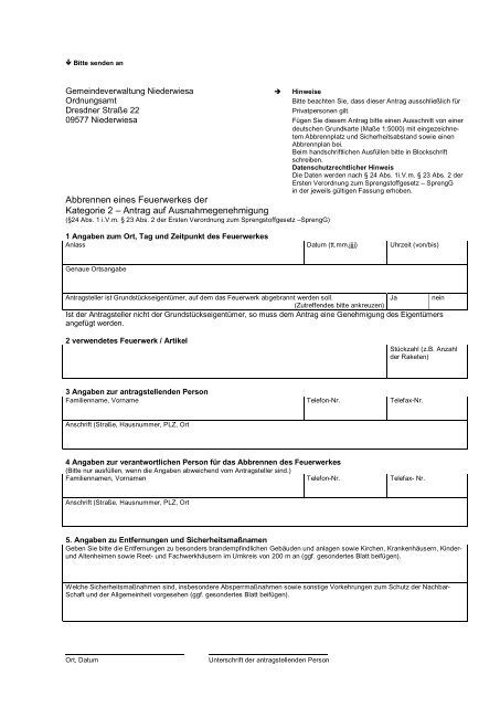 Feuerwerk-Antrag Ausnahmegenehmigung - Gemeinde Niederwiesa