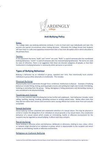 Anti-Bullying Policy Types of Bullying Behaviour - Ardingly College