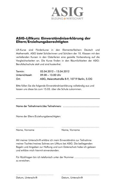 Einverständniserklärung Des Nicht Anwesenden Sorgeberechtigten Elternteils ASIG-Liftkurs: Einverständniserklärung der Eltern