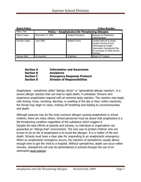 Anaphylaxis Policy Revision - Sunrise School Division