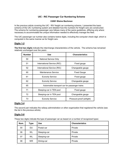 UIC - RIC Passenger Car Numbering Scheme ... - Blainestrains.org