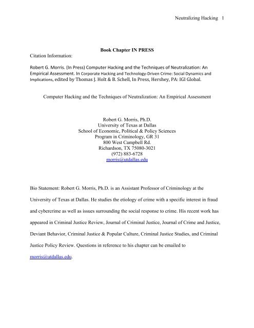 Neutralizing Hacking 1 Book Chapter In Press Citation Information