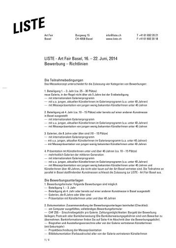 LISTE - Art Fair Basel, 16. – 22. Juni, 2014 Bewerbung – Richtlinien