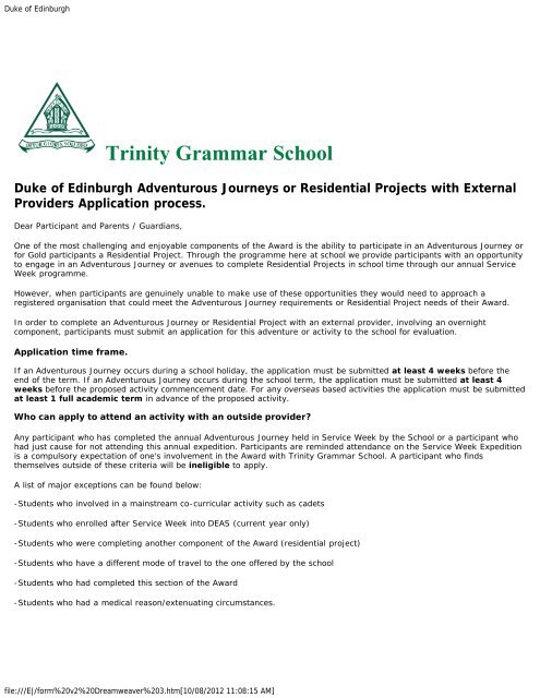 External Provider Application Form - Trinity Grammar School
