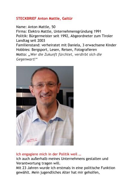 STECKBRIEF Anton Mattle, Galtür Name: Anton Mattle, 50 Firma ...