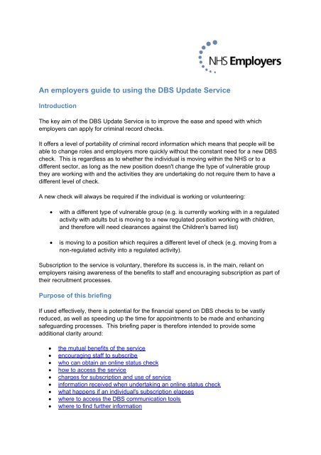 An employers guide to using the DBS Update ... - NHS Employers