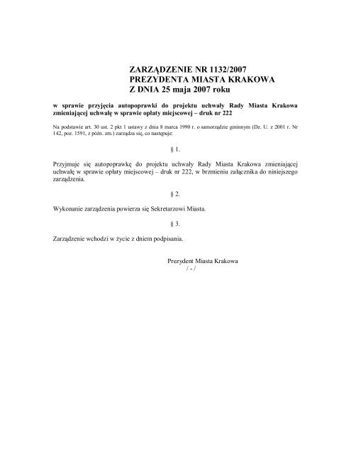 ZARZĄDZENIE NR 1132/2007 PREZYDENTA MIASTA KRAKOWA Z ...