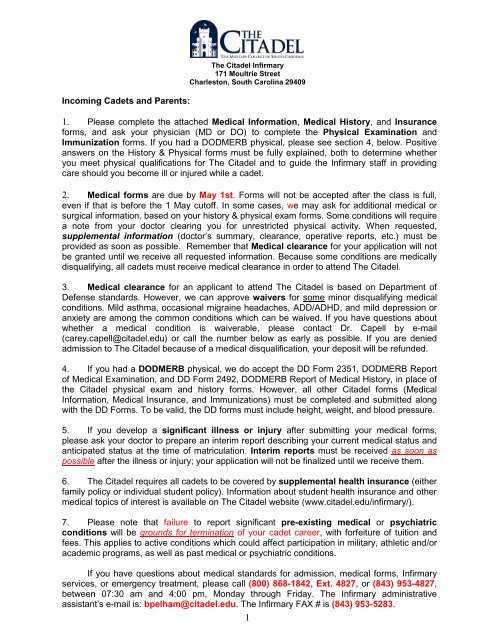 the medical history and physical exam form the citadel
